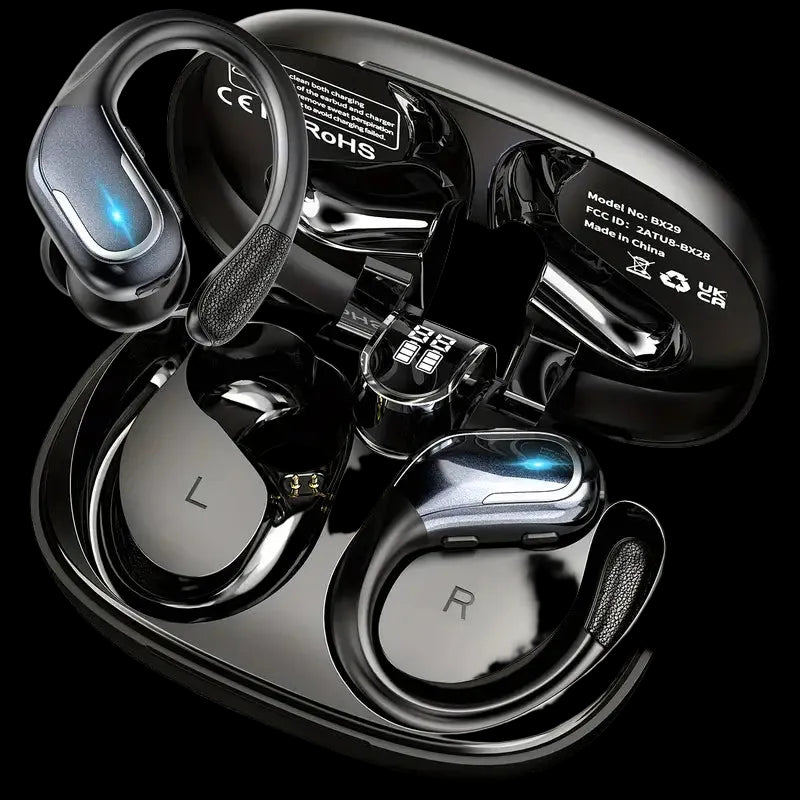 Wireless Sports Earbuds with Pure Bass Sound and LED Display - Black