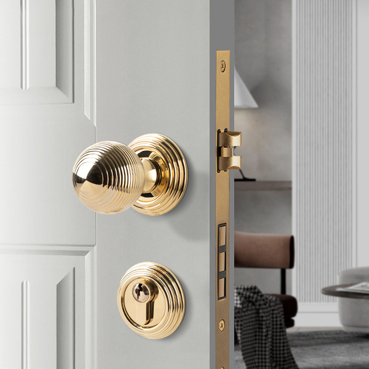 Luxuriöses rundes Türdrücker-Schloss-Set Gold Schlafzimmer Innentürschloss mit Drehknauf