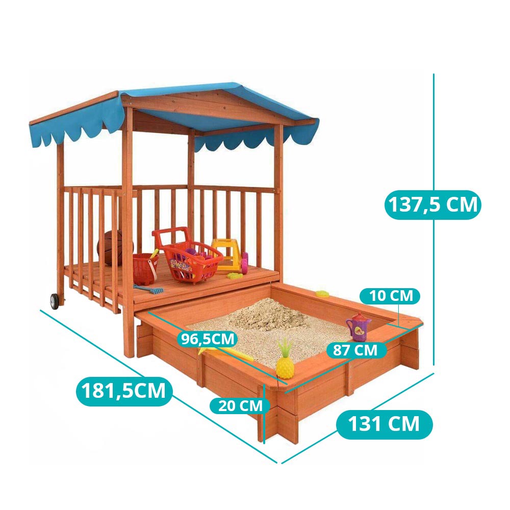 Wooden playhouse kids with sandpit and shade roof