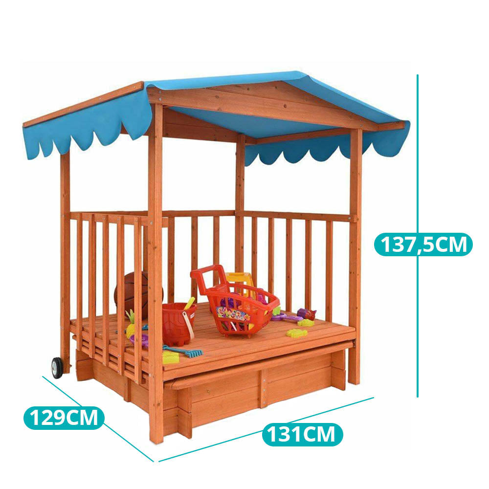 Wooden playhouse kids with sandpit and shade roof