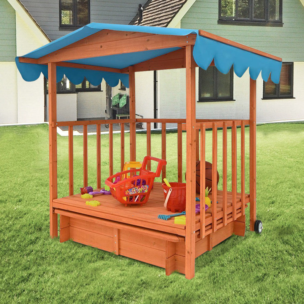 Wooden playhouse kids with sandpit and shade roof