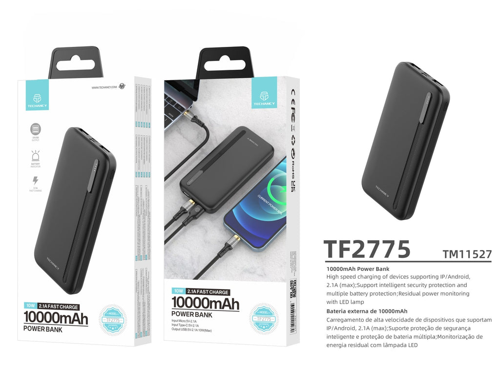 Techancy Power Bank 10000mah Schwarz TF2775, 10W Schnellladung für Smartphones, Tablets und mehr!