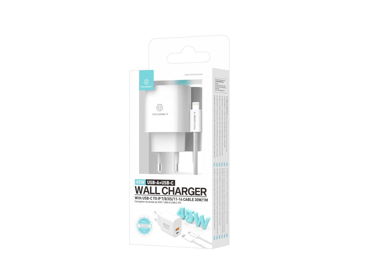 Techancy Carregador USB-A+USB-C TA2820, 45W PD, com Cabo USB-C para Lightning de 1m, CompatIvel com iPhone 7/8/XS/11-14