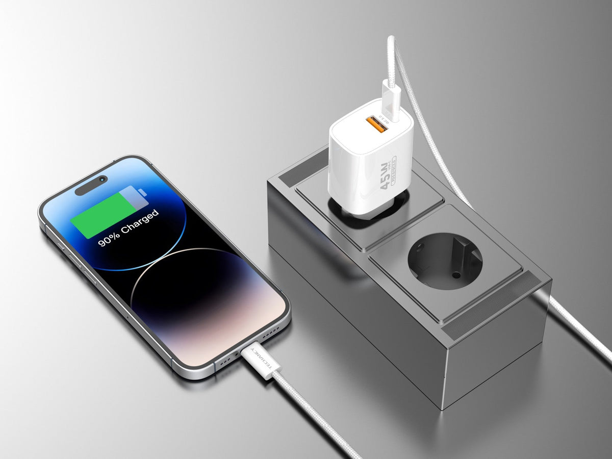 Techancy Carregador USB-A+USB-C TA2820, 45W PD, com Cabo USB-C para Lightning de 1m, CompatIvel com iPhone 7/8/XS/11-14