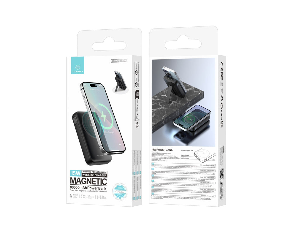 Techancy Power Bank Magnetisch TF2786 10000mAh 15W Kabelloses Schnellladen PD 20W MagSafe-kompatibel Integrierter Ständer LED-Anzeige Schwarz
