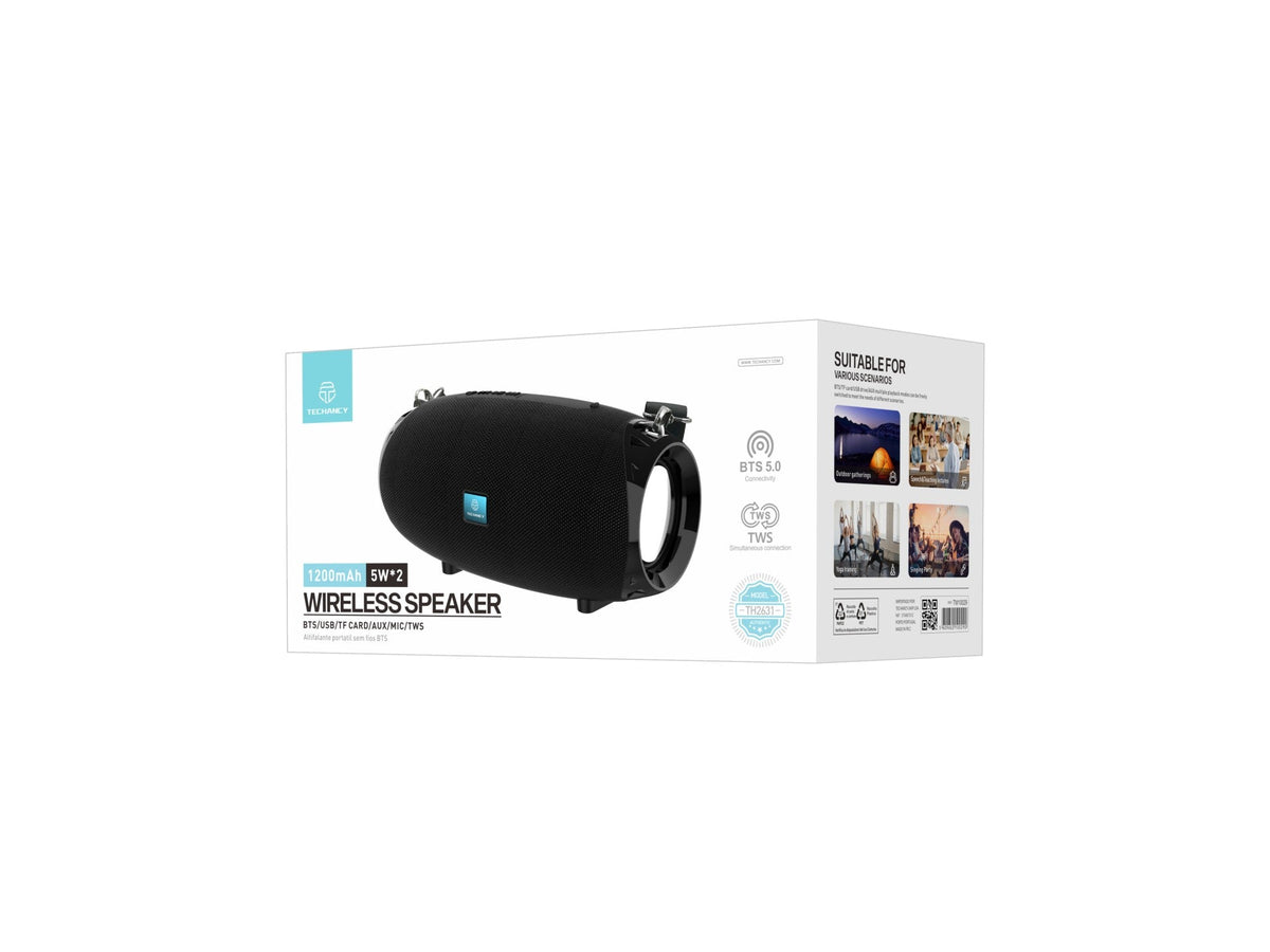 Techancy Altifalante Sem Fios Preto TH2631, Com Bateria Incorporada De 5W*2 Altifalantes, Suporta Entradas Tws/TF/AUX