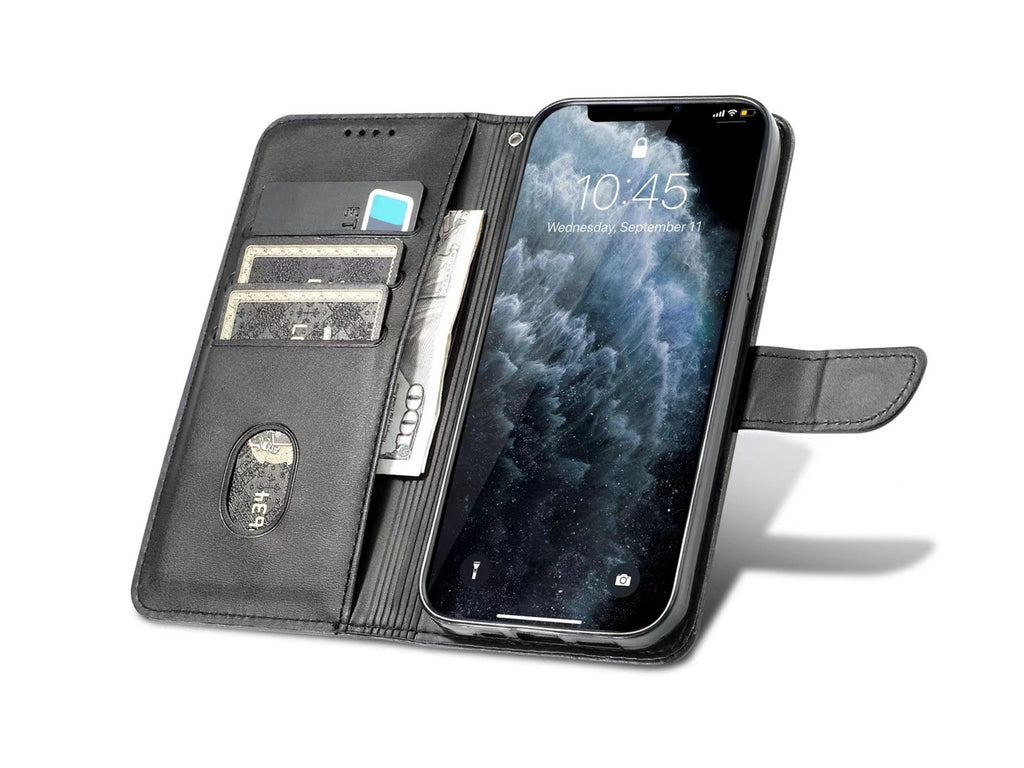 Techancy Flip-Lederhülle für Handys mit 3 Kartenfächern, KX5600, Standfunktion und Fallschutz, kompatibel mit iPhone 12 Pro Max, Schwarz