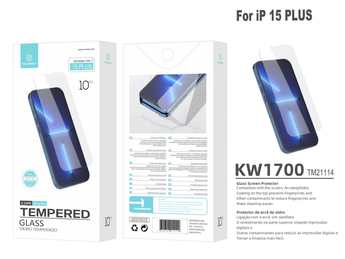 Techancy Película de Vidro Temperado  para iPhone 15 Plus KW1700 , 0.33MM, Anti-riscos, Alta Transparência, Fácil Aplicação