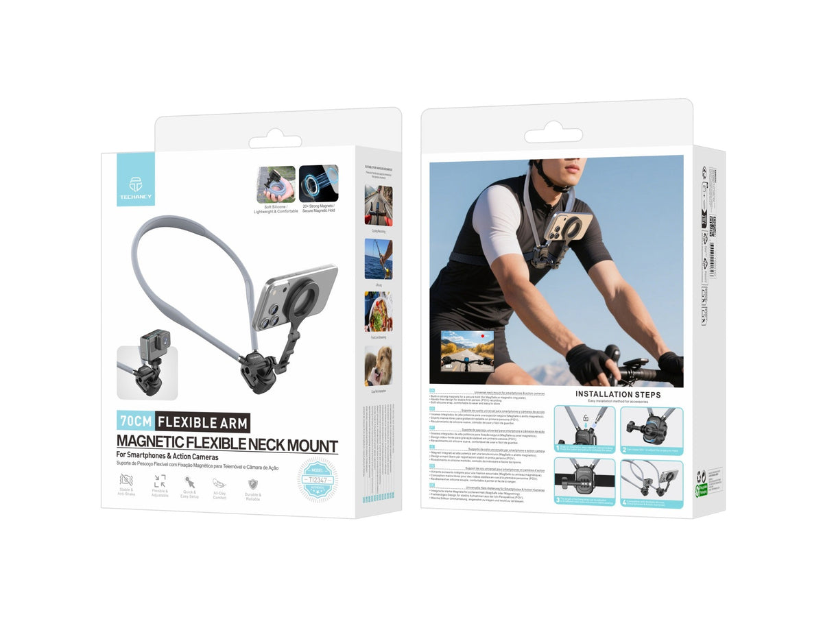 Techancy Suporte Magnetico de Pescoco TI2347 para Telemovel e Camara, Braco Flexivel 70cm, Maos Livres, Cinzento