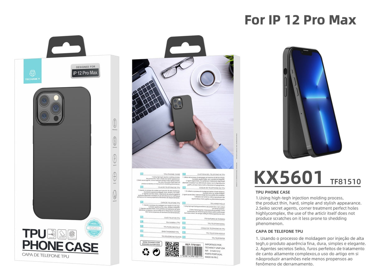 Capa nova para telemóvel em TPU da Techancy, em preto, KX5601, com proteção para a lente da câmara, compatível com iPhone 12 Pro Max
