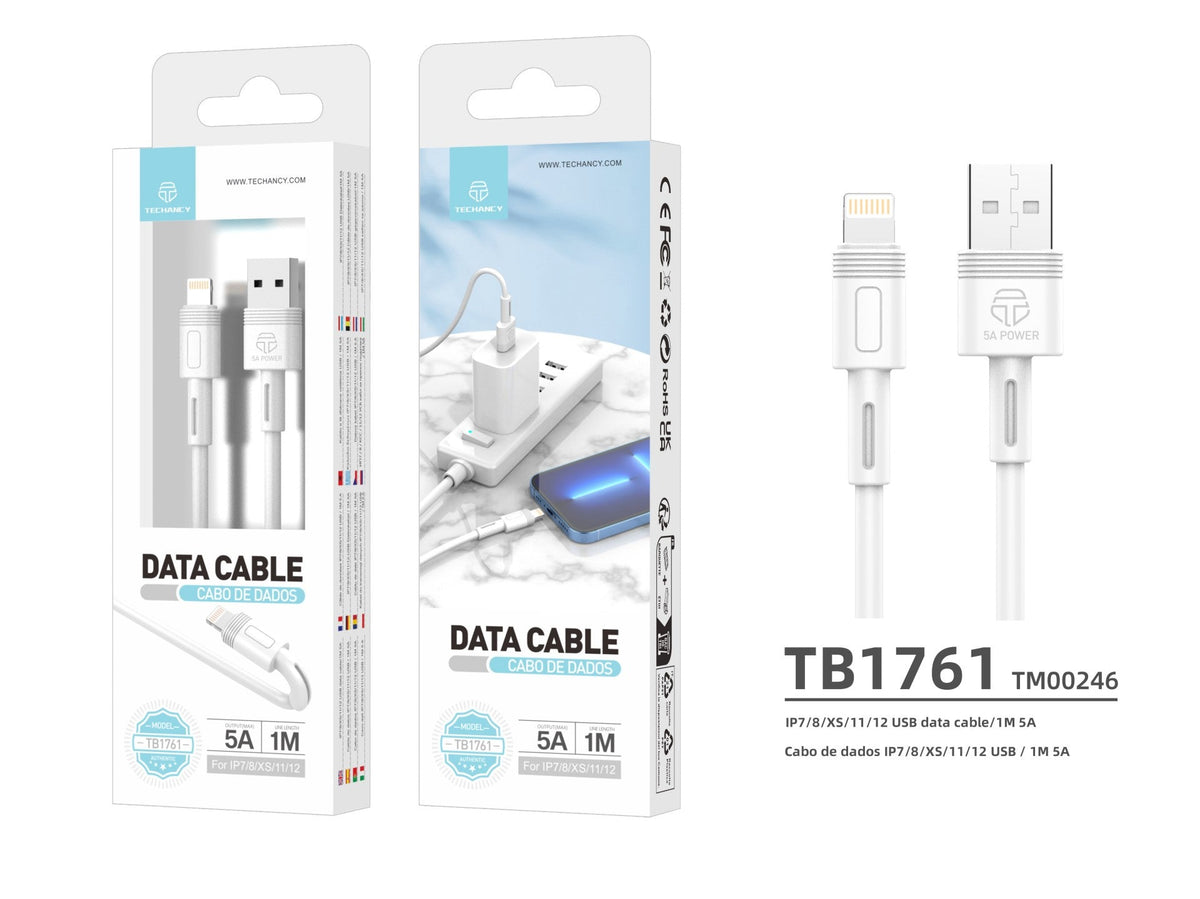Techancy 5A 1m White Fast Charging Data Cable TB1761, USB-Lightning Interface, Supports Data Transfer