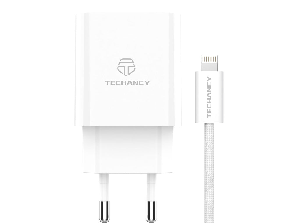 Techancy Carregador USB-A+USB-C TA2820, 45W PD, com Cabo USB-C para Lightning de 1m, CompatIvel com iPhone 7/8/XS/11-14