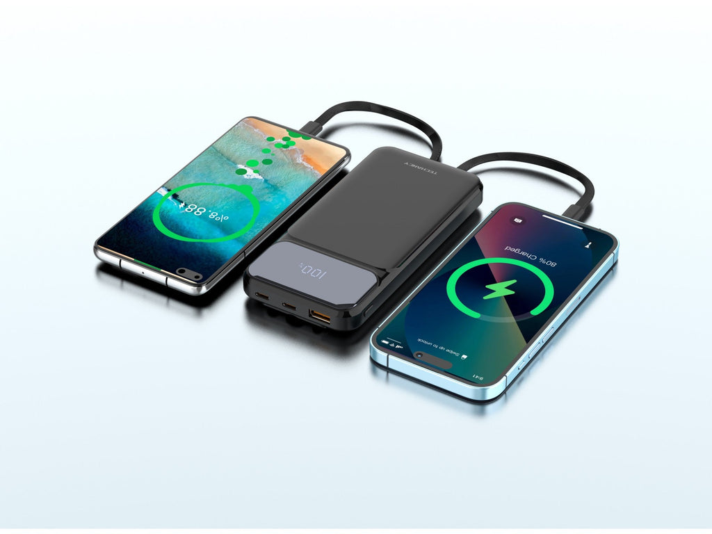 Techancy Powerbank 10000 mAh 22.5W TF2782, Ladekabel Type-C+Lightning+USB 3-in-1, digitale Leistungsanzeige