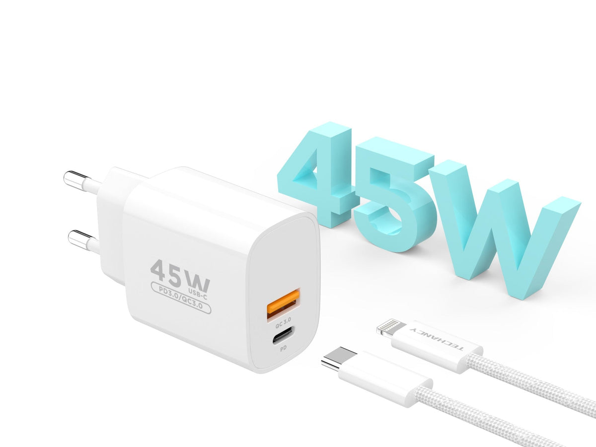 Techancy Carregador USB-A+USB-C TA2820, 45W PD, com Cabo USB-C para Lightning de 1m, CompatIvel com iPhone 7/8/XS/11-14