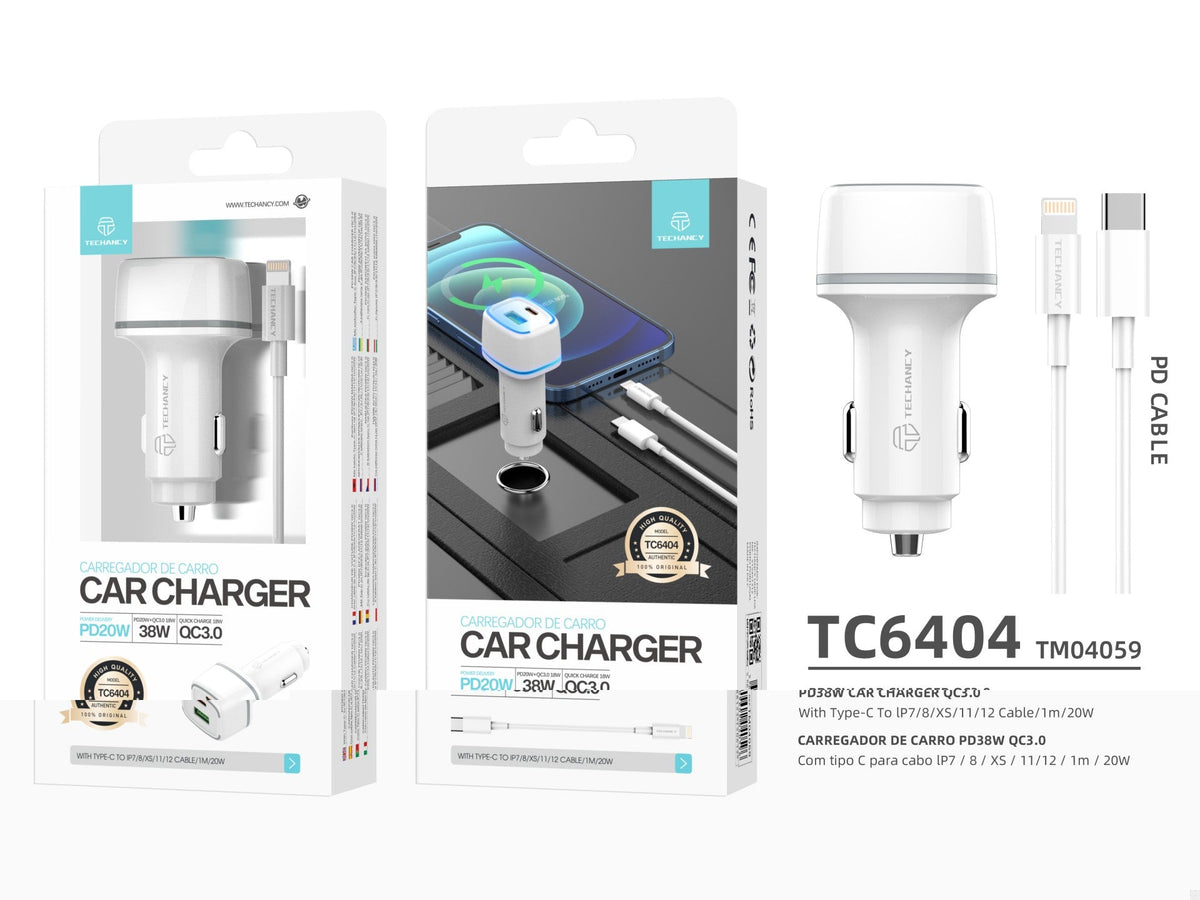 Techancy 38W Car Charger TC6404, Fast Charging PD3.0+QC3.0, USB-C Lightning Cable Set.
