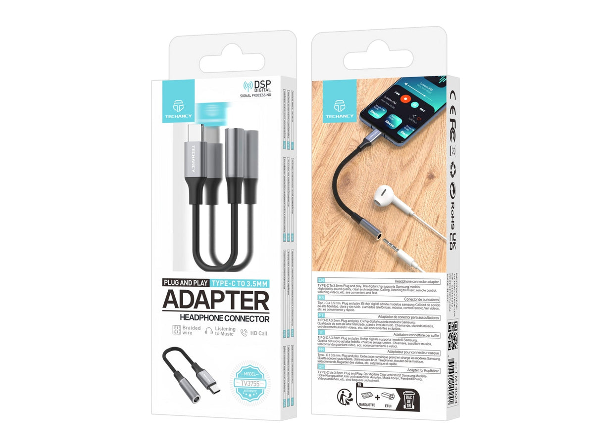 Techancy Adaptador De Áudio TV3755, Usb-C Para Conetor De Auscultadores De 3,5 Mm, Chip Dsp Compatível Com Samsung/Huawei/Xiaomi
