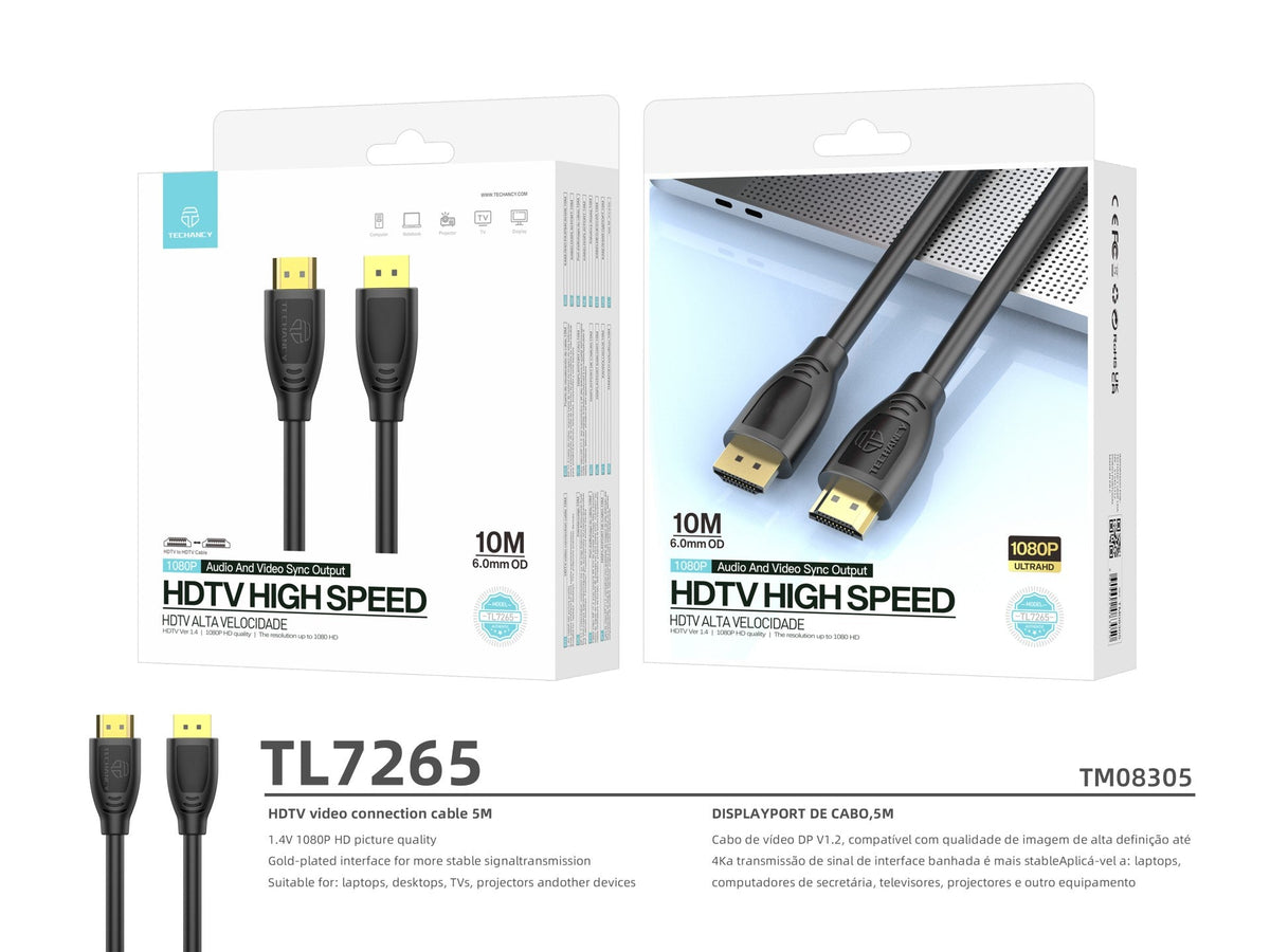 Techancy Cabo Hdtv De Alta Velocidade  TL7265,10m, Ecrã Hd 1080p Para Televisores, Computadores, Projectores E Consolas