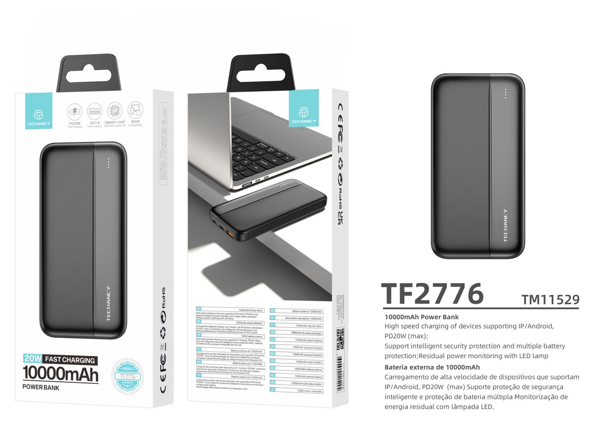 Techancy Power Bank 10000mAh Schwarz TF2776, schnelles Aufladen mit PD20W für Smartphones, Tablets und mehr!