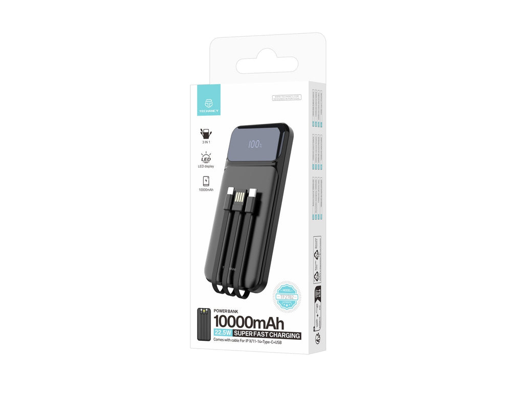 Techancy Powerbank 10000 mAh 22.5W TF2782, Ladekabel Type-C+Lightning+USB 3-in-1, digitale Leistungsanzeige