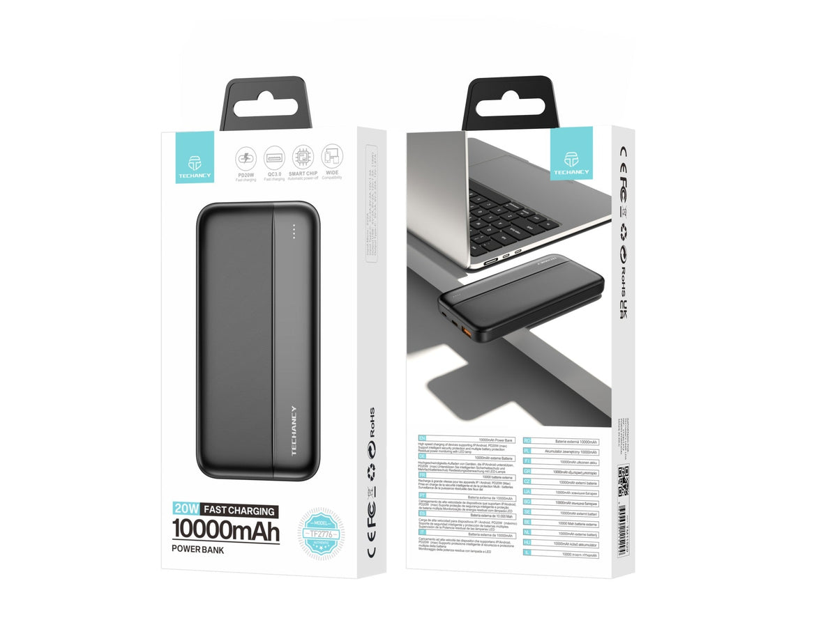Techancy Power Bank 10000mAh Schwarz TF2776, schnelles Aufladen mit PD20W für Smartphones, Tablets und mehr!