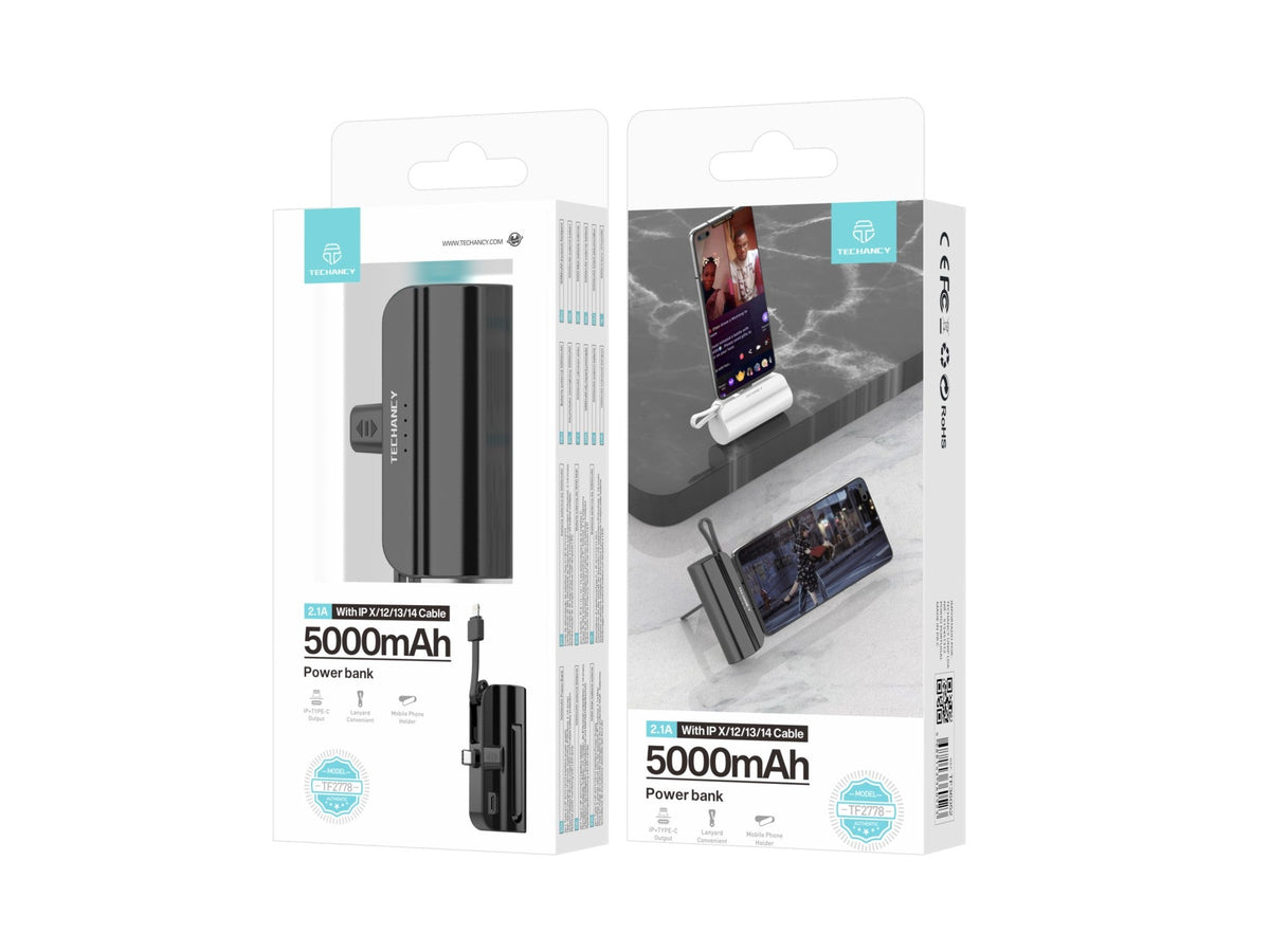 Carregador portátil Techancy 5000mAh, TF2778, cabo de carregamento 2 em 1 iP+Type-c com suporte para telemóvel, preto