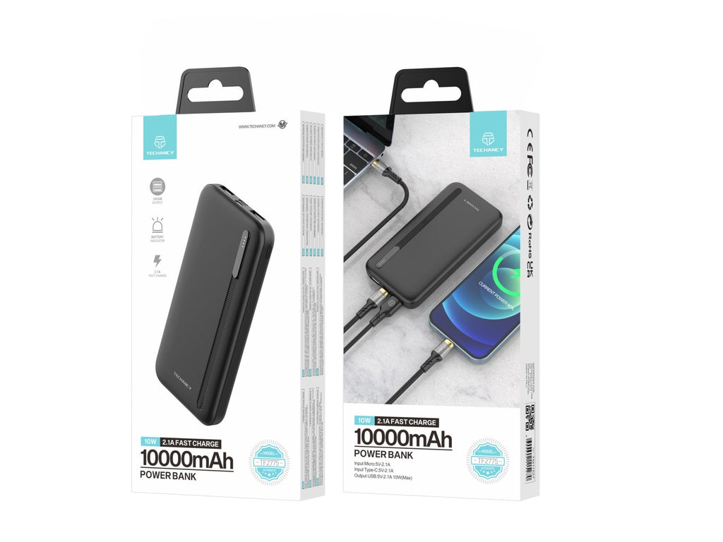 Techancy Power Bank 10000mah Schwarz TF2775, 10W Schnellladung für Smartphones, Tablets und mehr!