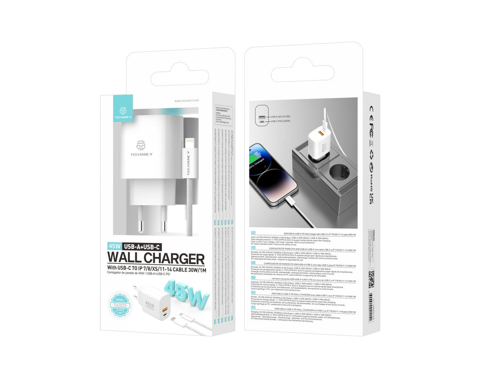 Techancy Carregador USB-A+USB-C TA2820, 45W PD, com Cabo USB-C para Lightning de 1m, CompatIvel com iPhone 7/8/XS/11-14