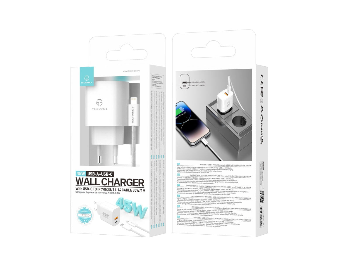 Techancy Carregador USB-A+USB-C TA2820, 45W PD, com Cabo USB-C para Lightning de 1m, CompatIvel com iPhone 7/8/XS/11-14