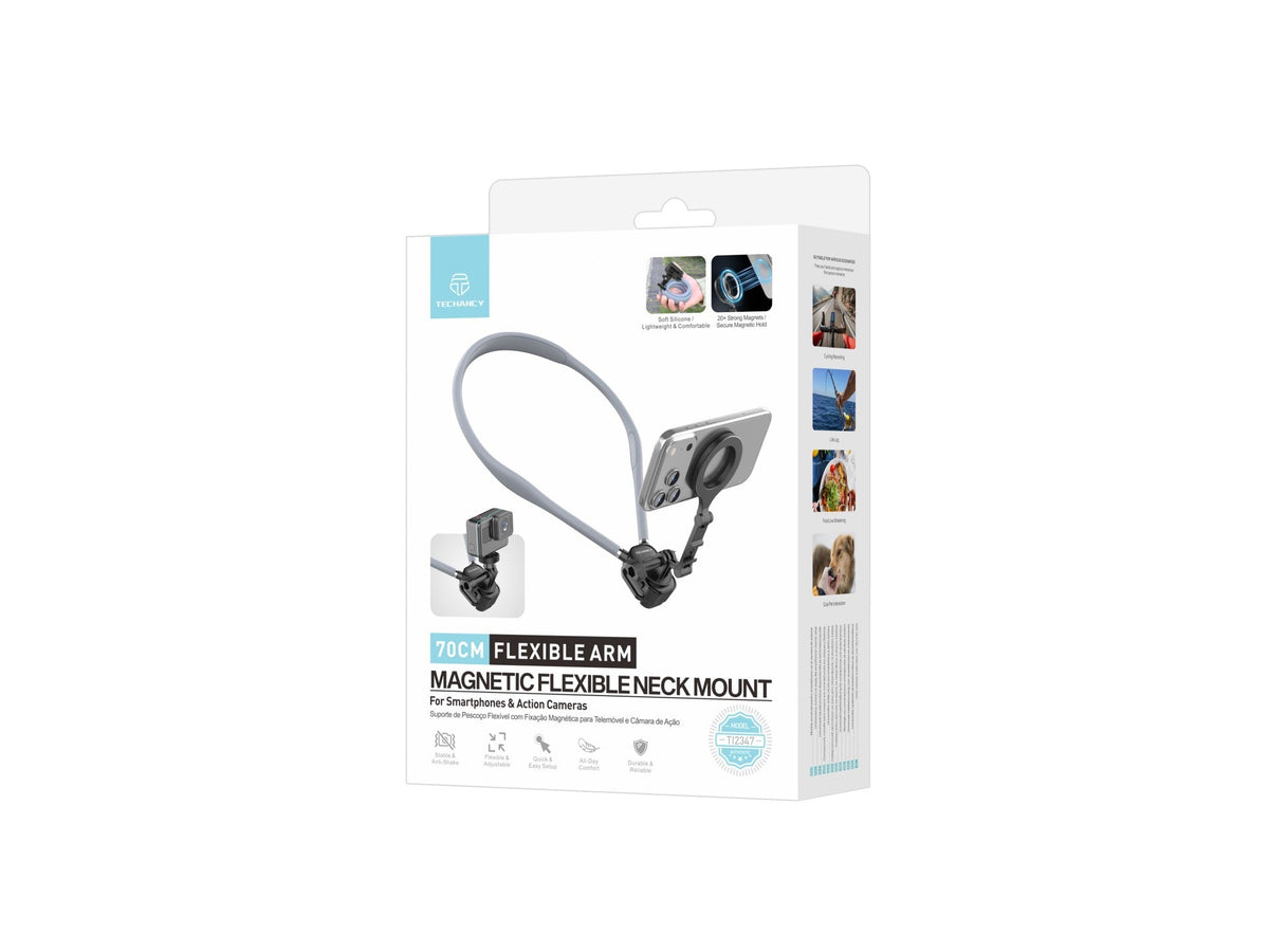 Techancy Suporte Magnetico de Pescoco TI2347 para Telemovel e Camara, Braco Flexivel 70cm, Maos Livres, Cinzento
