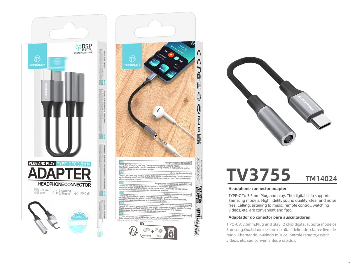 Techancy Adaptador De Áudio TV3755, Usb-C Para Conetor De Auscultadores De 3,5 Mm, Chip Dsp Compatível Com Samsung/Huawei/Xiaomi