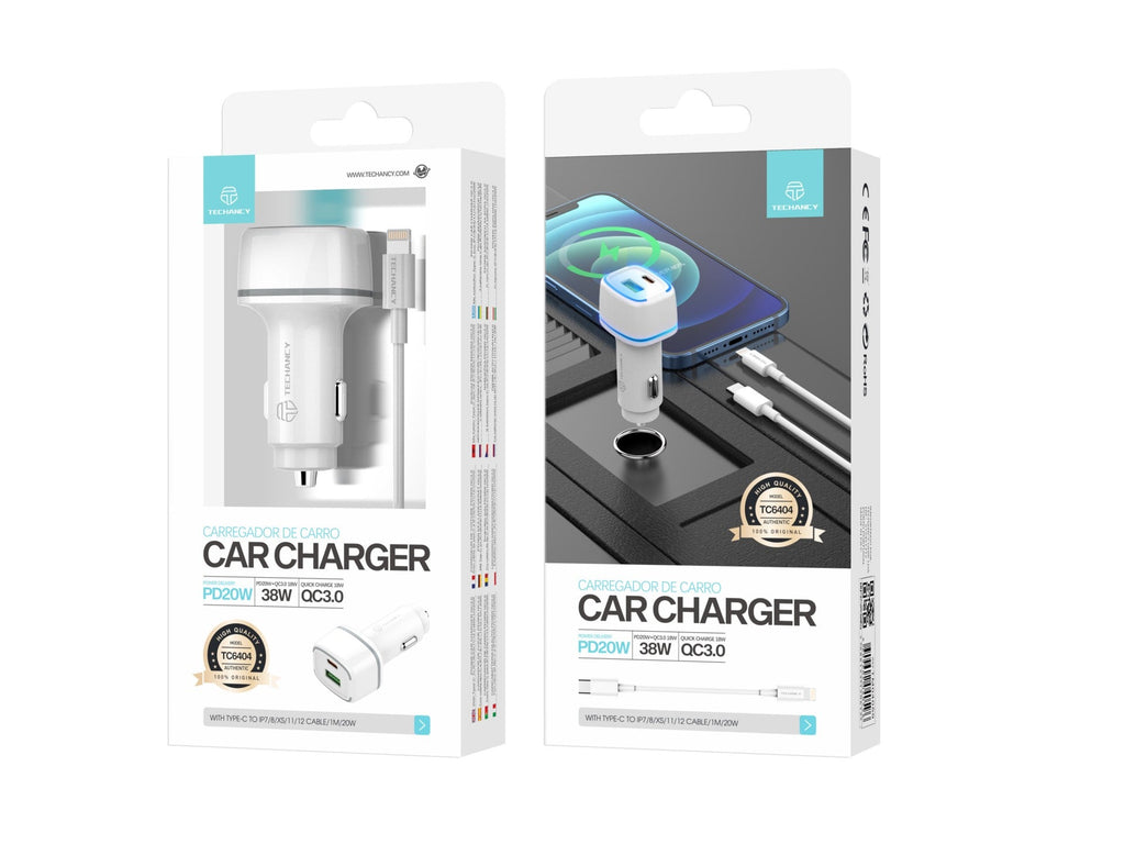 Techancy Kfz-Ladegerät 38 W TC6404, Schnellladung PD3.0+QC3.0, USB-C-Lightning-Kabelset,