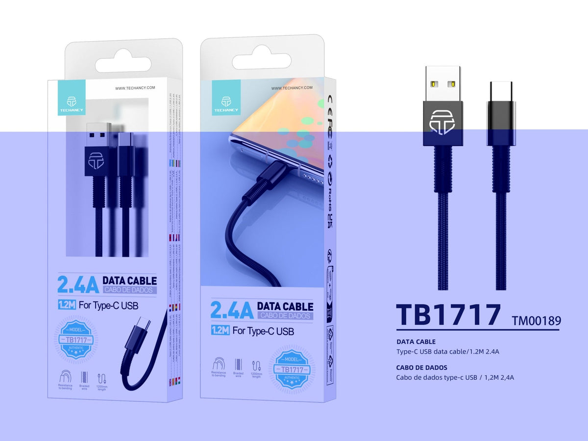 Techancy USB Type-C Data Cable Black TB1717, 2.4A Fast Charging, Aluminum Alloy + Braided Cable 1.2M