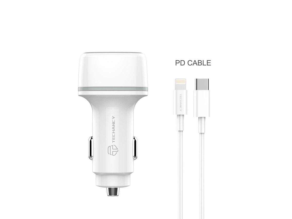 Techancy 38W Car Charger TC6404, Fast Charging PD3.0+QC3.0, USB-C Lightning Cable Set.