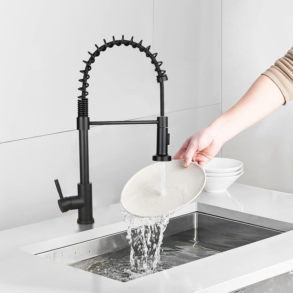 Sink faucet with flexible hose, detachable shower head, black
